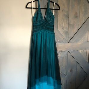Juniors size 5, teal colored high-low dress